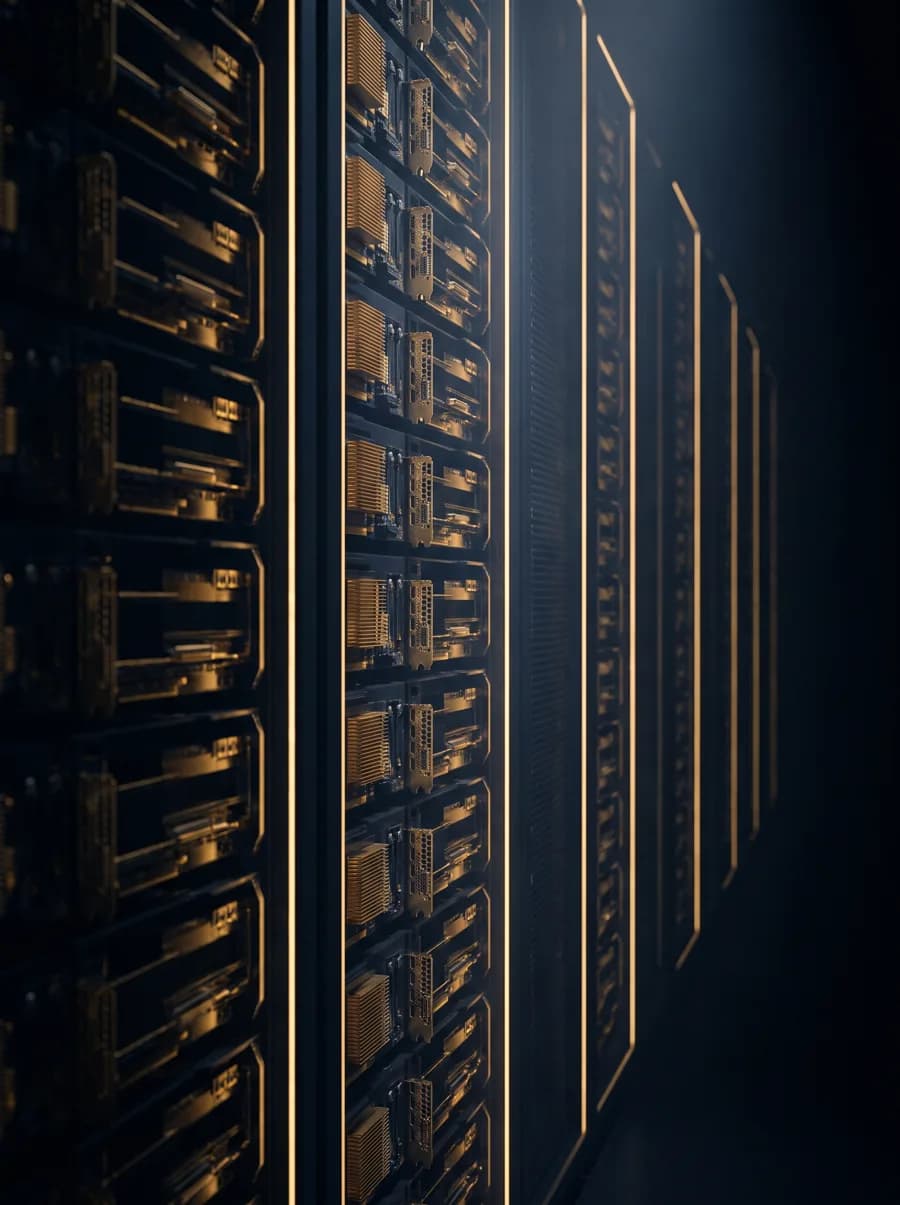 Rows of GPU compute boards mounted in dark server racks, lit along the rack edges